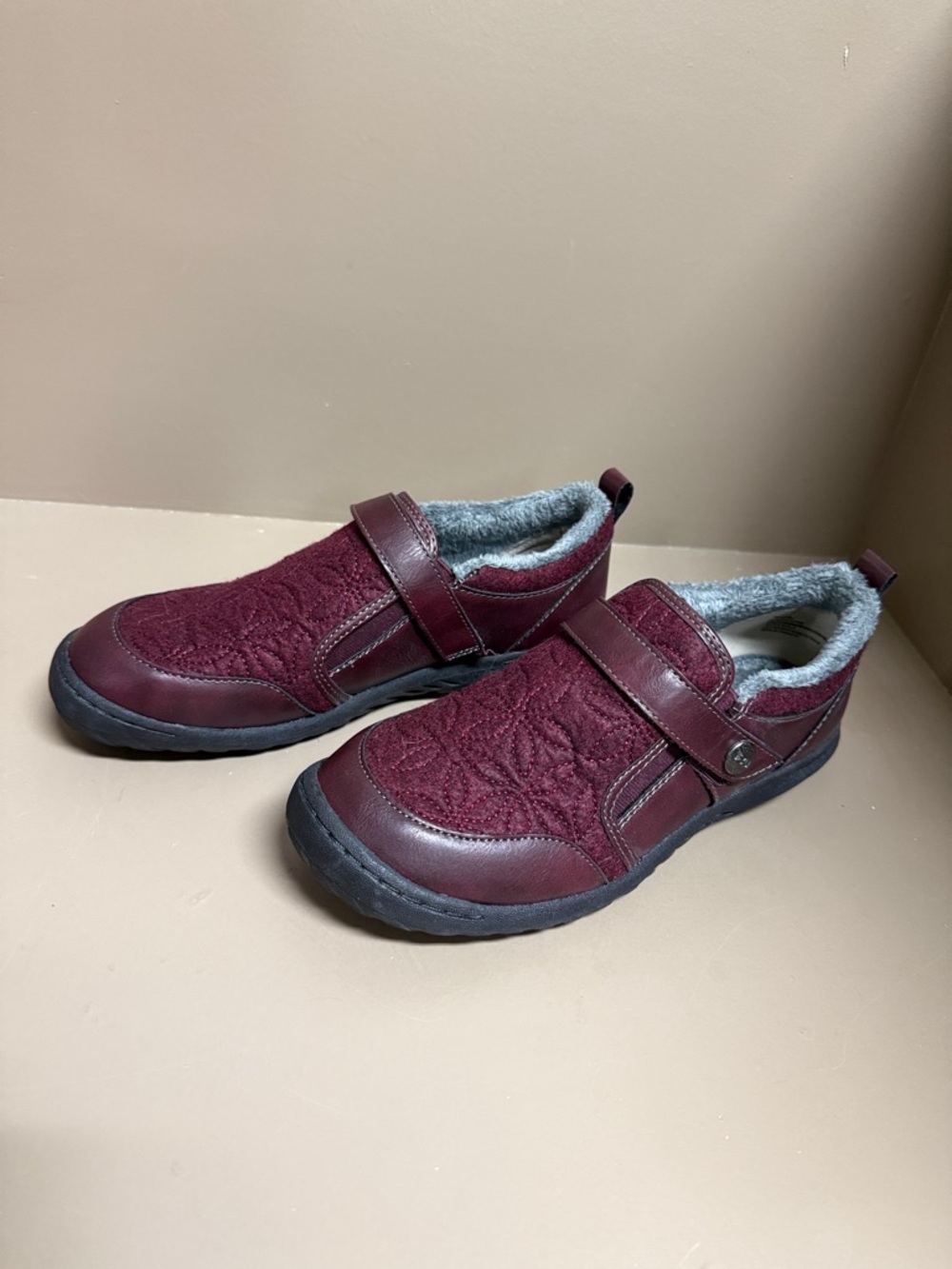 JBU Quilted Wine Slip-On Loafers, Silver Medallion Strap, Cozy Faux Fur Inside